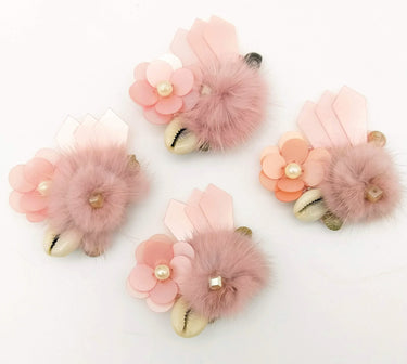 Hand Embroidered Pink Applique With Cowrie Shell, Sequins,Pearl and Feather Pom Pom